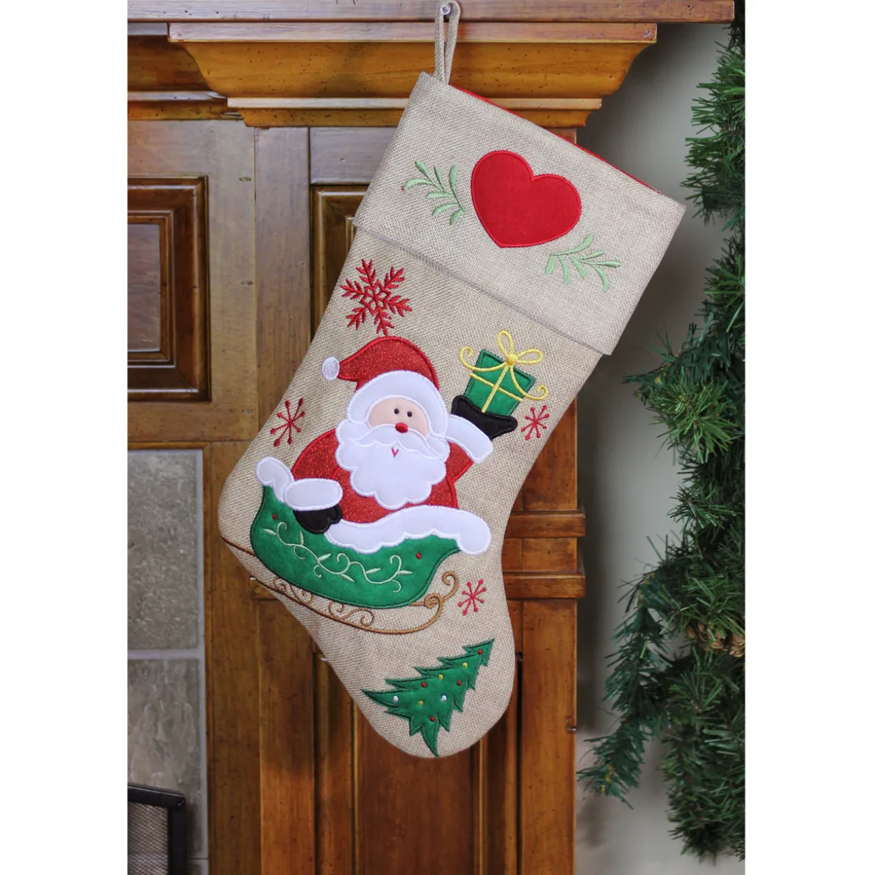 19" Red and Green Santa Claus in Sleigh Embroidered Christmas Stocking