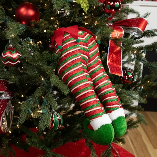 19" Red and Green Striped Elf Legs Christmas Decoration