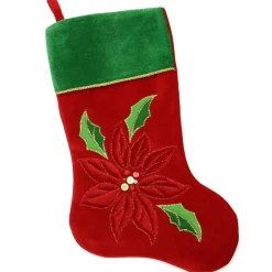 20" Red and Green Velveteen Poinsettia Christmas Stocking