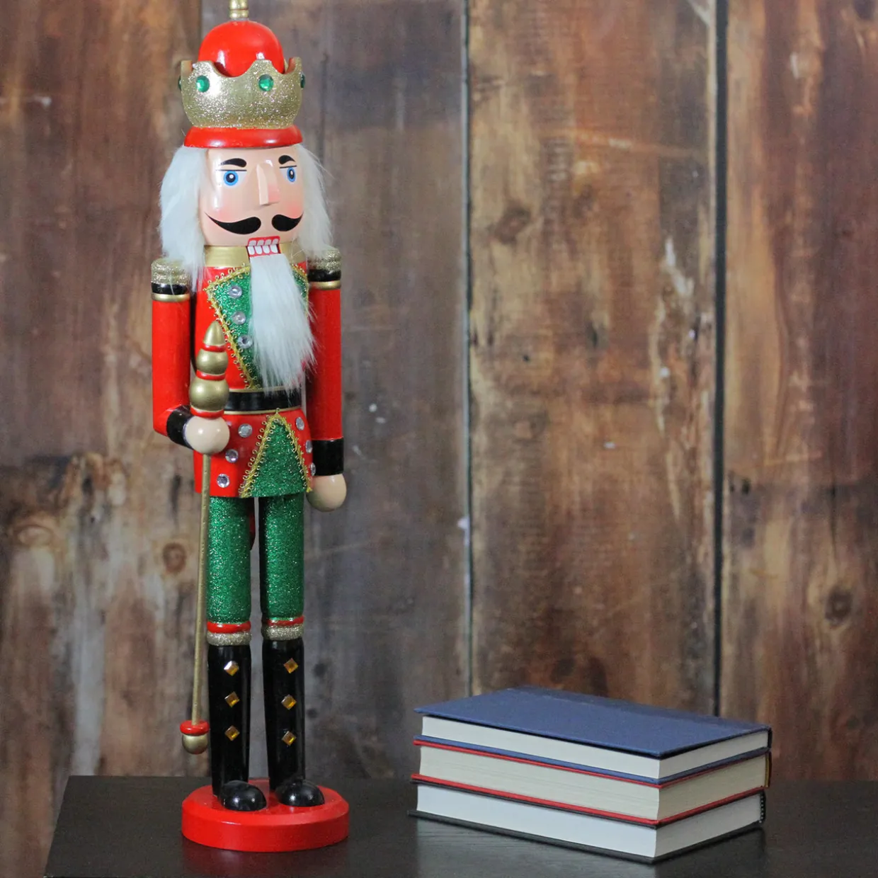 24" Red and Green Wooden Christmas Nutcracker King with Scepter
