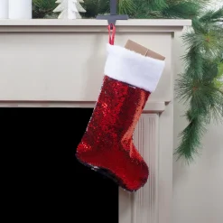 19" Red and Silver Sequin Christmas Stocking With White Faux Fur Cuff