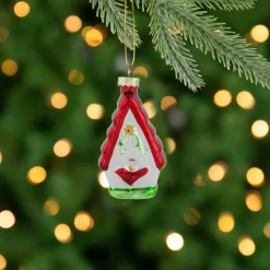 3.25" Red and White Birdhouse with Cardinal Glass Christmas Ornament