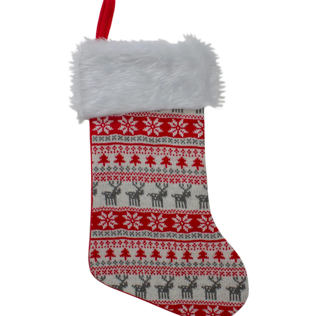 19" Red and White Deer and Snowflake Knit Christmas Stocking with Faux Fur Cuff