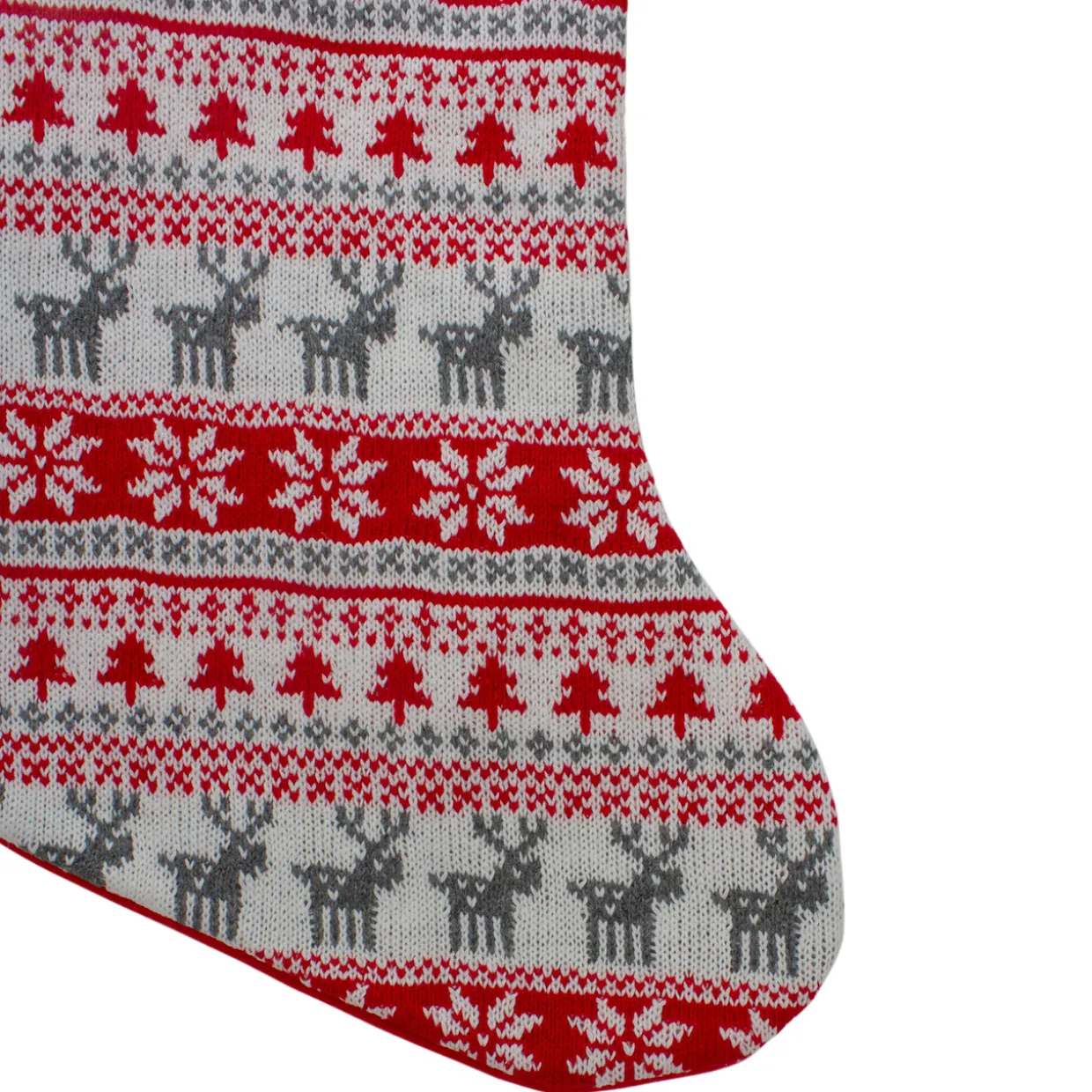 19" Red and White Deer and Snowflake Knit Christmas Stocking with Faux Fur Cuff