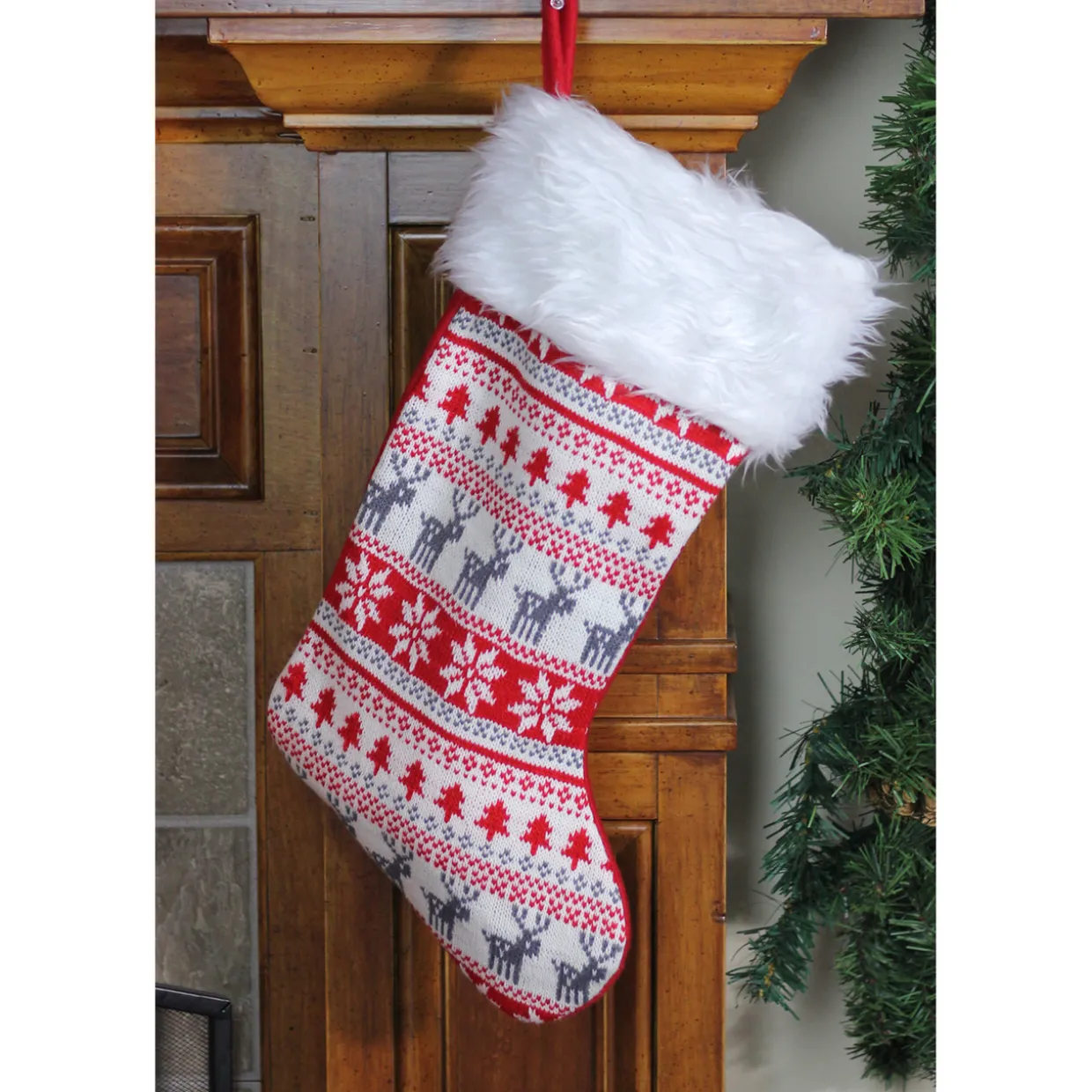 19" Red and White Deer and Snowflake Knit Christmas Stocking with Faux Fur Cuff