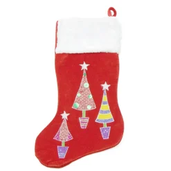 20" Red and White Embroidered Velveteen Cuff Christmas Tree Stocking