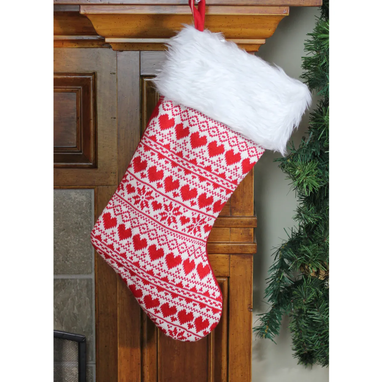 19" Red and White Hearts With Snowflakes Knit Christmas Stocking Faux Fur Cuff
