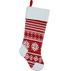 21.5" Red and White Knitted Snowflake Christmas Stocking with Fleece Cuff