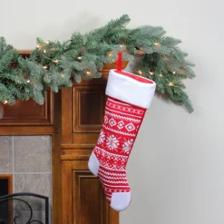 21.5" Red and White Knitted Snowflake Christmas Stocking with Fleece Cuff
