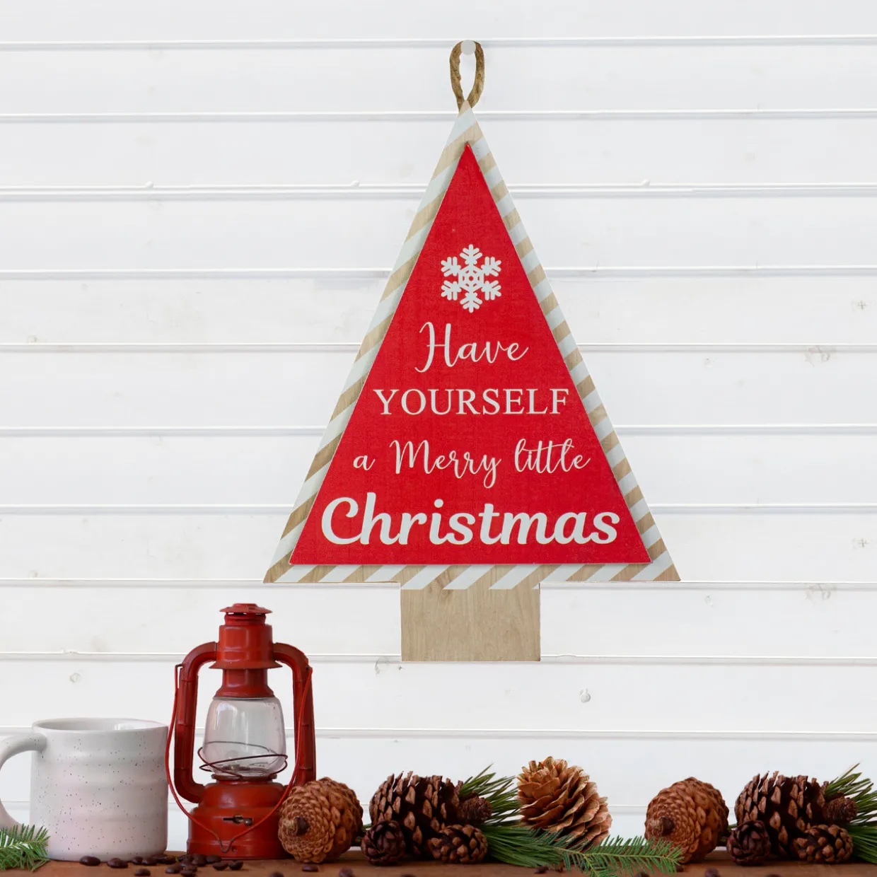 16” Red and White Merry Little Christmas Tree Wooden Hanging Wall Sign