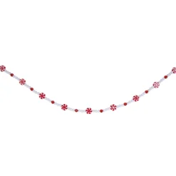 9' Red and White Peppermint Candy Beaded Christmas Garland, Unlit