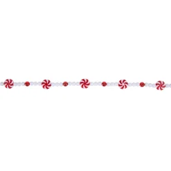 9' Red and White Peppermint Candy Beaded Christmas Garland, Unlit