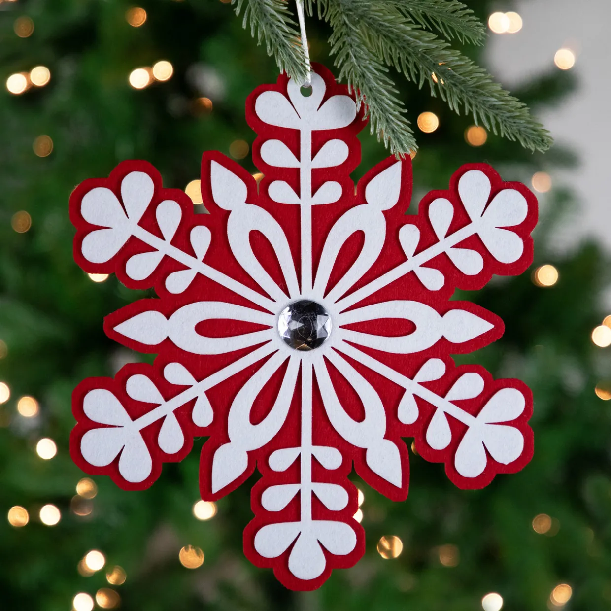 10" Red and White Snowflake Christmas Ornament with Gem