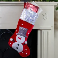 20.5" Red and White Snowman Embroidered Christmas Stocking with Sequined Cuff