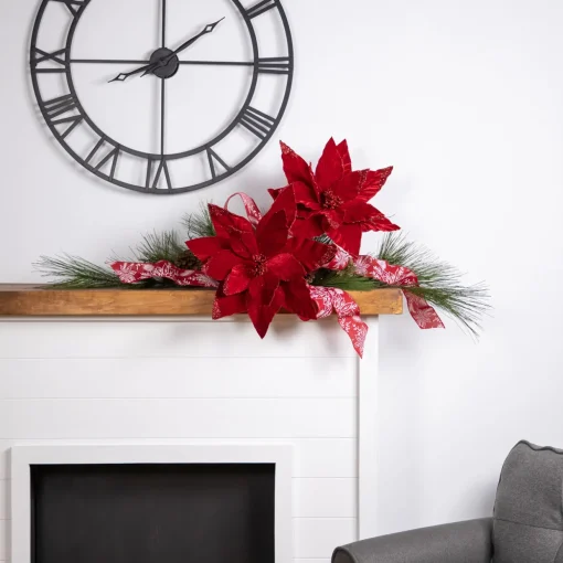 24" Red Glittered Poinsettia Christmas Stem Spray