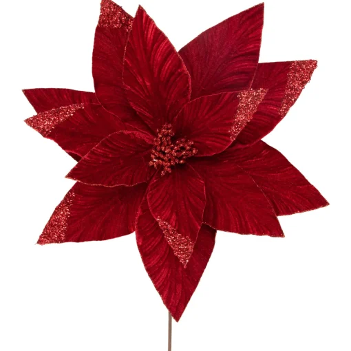 24" Red Glittered Poinsettia Christmas Stem Spray