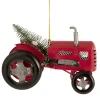 3" Red Metal Tractor with Frosted Tree Christmas Ornament