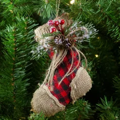 5.75" Red Plaid and Burlap Christmas Stocking Ornament
