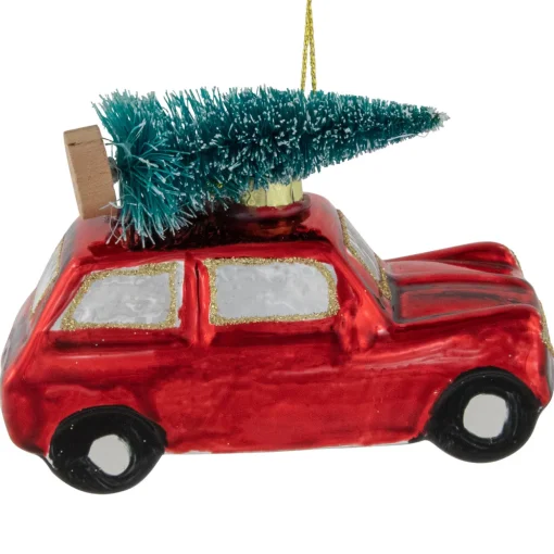 3.5" Red Station Wagon with Tree Glass Christmas Ornament