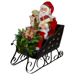 32" Red Traditional Jolly Santa Claus in Jewel Sleigh Christmas Figurine