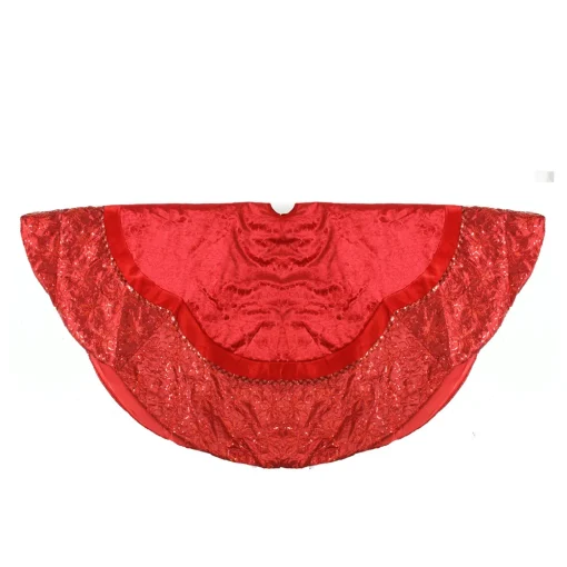 60" Red Velvet Damask Sequin Embroidered Poinsettia Trimmed Scalloped Edge Christmas Tree Skirt