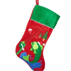 19.5" Red Velveteen Fishing Themed Christmas Stocking with Green Cuff