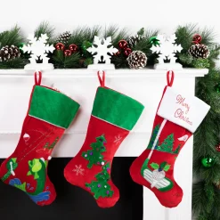 19.5" Red Velveteen Fishing Themed Christmas Stocking with Green Cuff