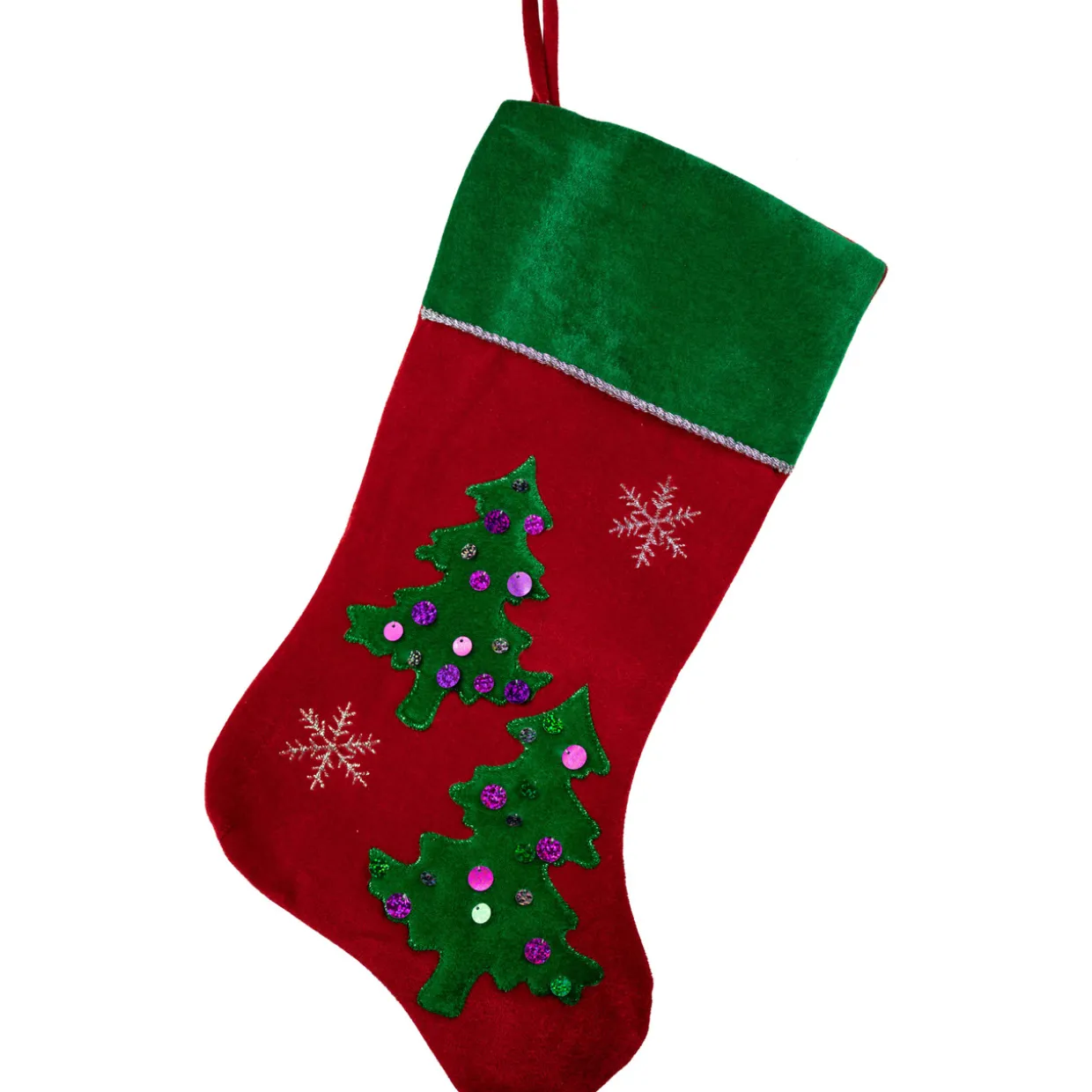 20" Red Velveteen Sequined Christmas Tree Stocking with Green Cuff