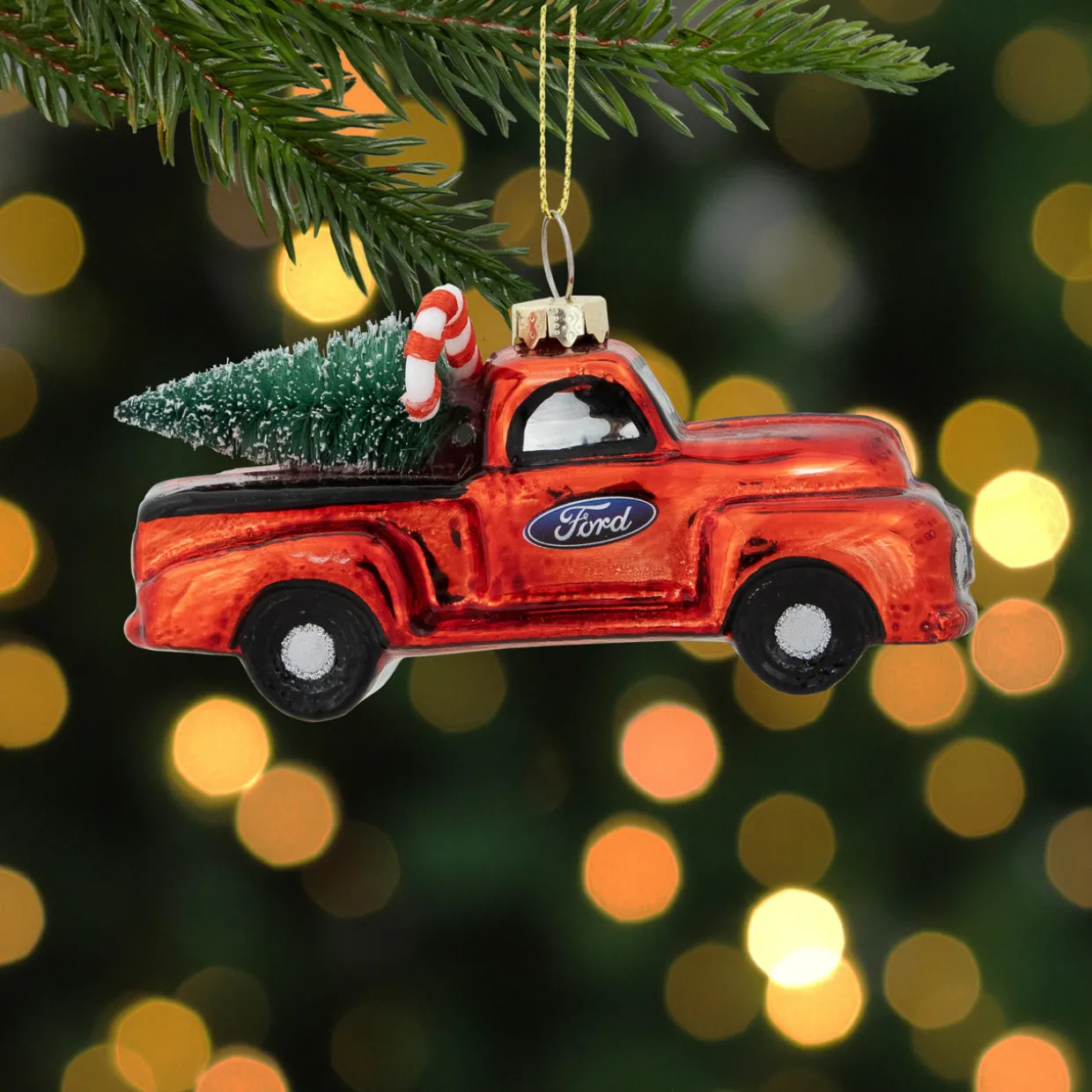 4" Red Vintage Ford Truck with Frosted Tree Glass Christmas Ornament