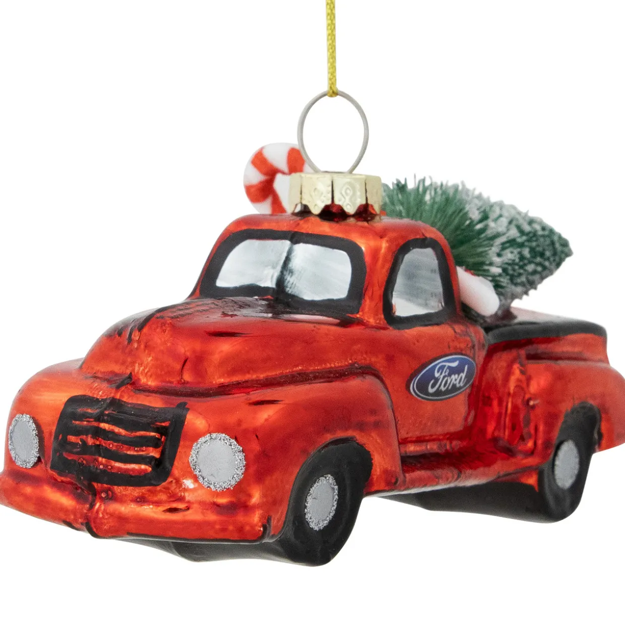 4" Red Vintage Ford Truck with Frosted Tree Glass Christmas Ornament