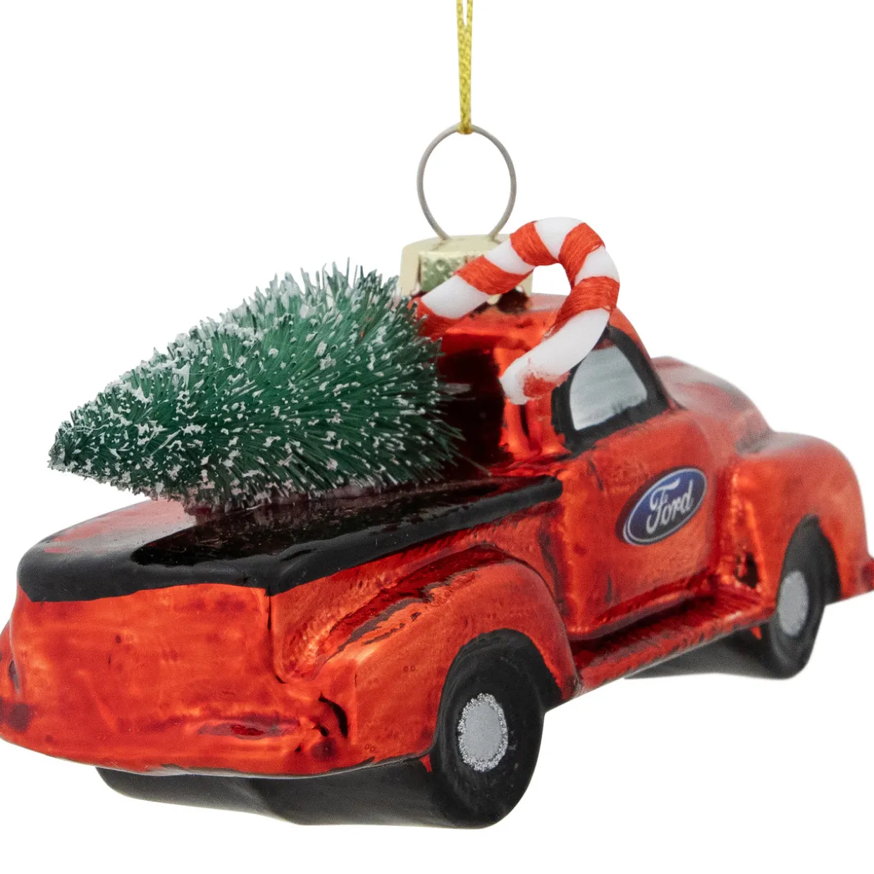 4" Red Vintage Ford Truck with Frosted Tree Glass Christmas Ornament