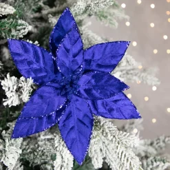 10" Royal Blue Glittered Poinsettia Christmas Floral Pick Clip-On Ornament