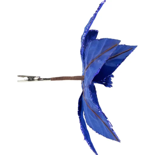 10" Royal Blue Glittered Poinsettia Christmas Floral Pick Clip-On Ornament