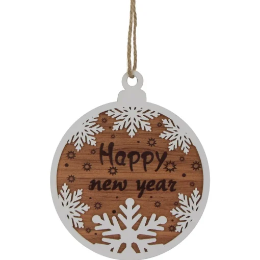 7" Rustic "Happy New Year" Snowflake Wooden Christmas Ornament Disc