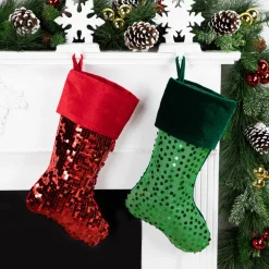 20" Shiny Metallic Green Sequined Christmas Stocking with Velveteen Cuff
