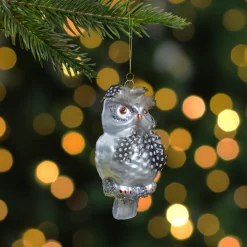 5" Silver and Brown Glass Snow Owl Christmas Ornament