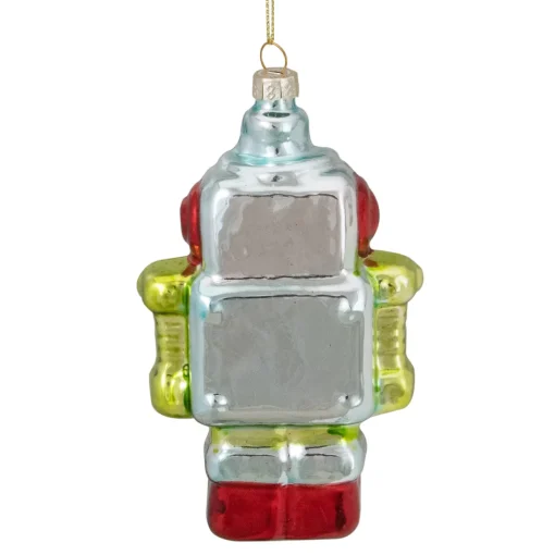 5" Silver and Green Robot Hanging Glass Christmas Ornament