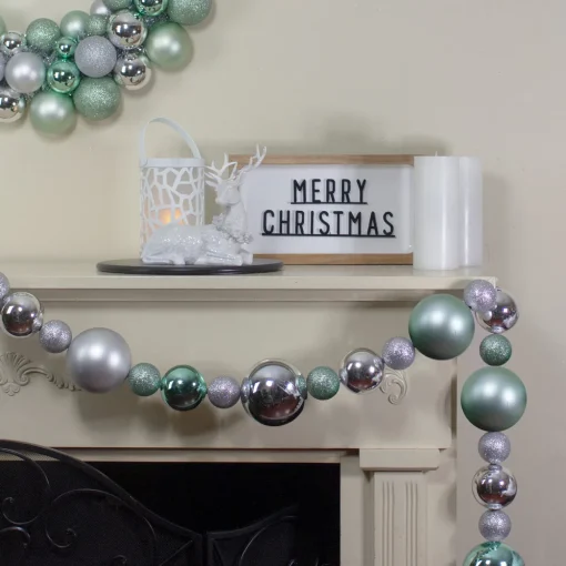 6' Silver and Seafoam Green 3-Finish Shatterproof Ball Christmas Garland