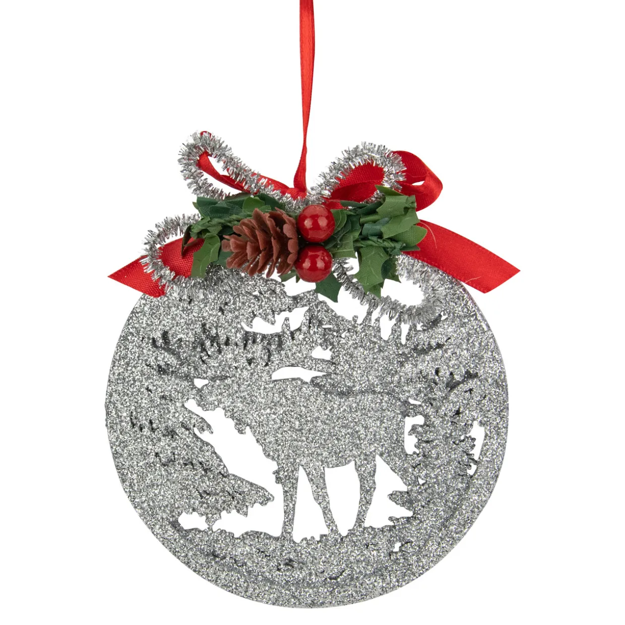 4.25" Silver Glitter Moose 2-D Cut-Out Silhouette Christmas Ornament