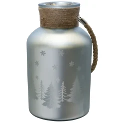 12" Silver Matte Christmas Trees and Snowflakes Pillar Candle Holder with Handle