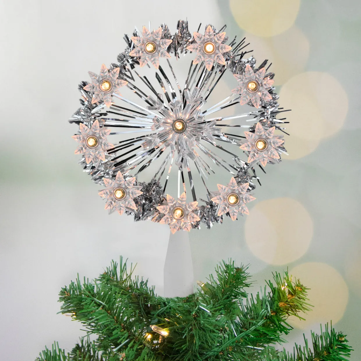 7" Silver Pre-Lit Snowflake Starburst Christmas Tree Topper - Clear Lights