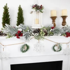 4.75" Snowflake and Frosted Pine Christmas Garland with Wooden Beads - Unlit