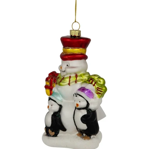5.25" Snowman and Penguins Hanging Glass Christmas Ornament