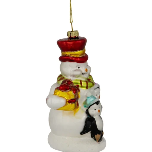 5.25" Snowman and Penguins Hanging Glass Christmas Ornament