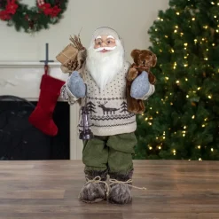 2' Standing Santa Christmas Figure with a Plush Bear and Lantern