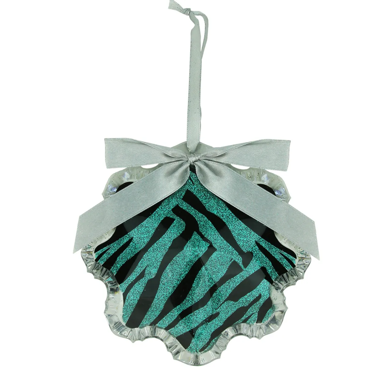 4.5" Teal Green and Black Glittered Zebra Print Snowflake Prism Christmas Ornament
