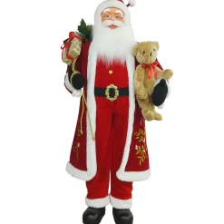5' Traditional Santa Claus with Teddy Bear and Gift Bag Standing Christmas Figure