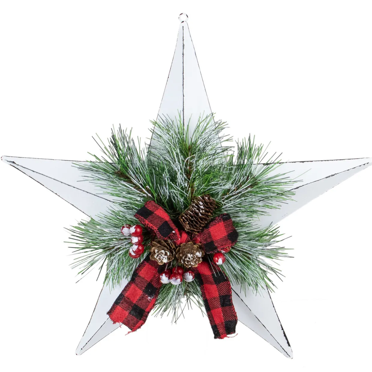 17" White 5 point Christmas Star With Plaid Ribbon with Artificial Pine