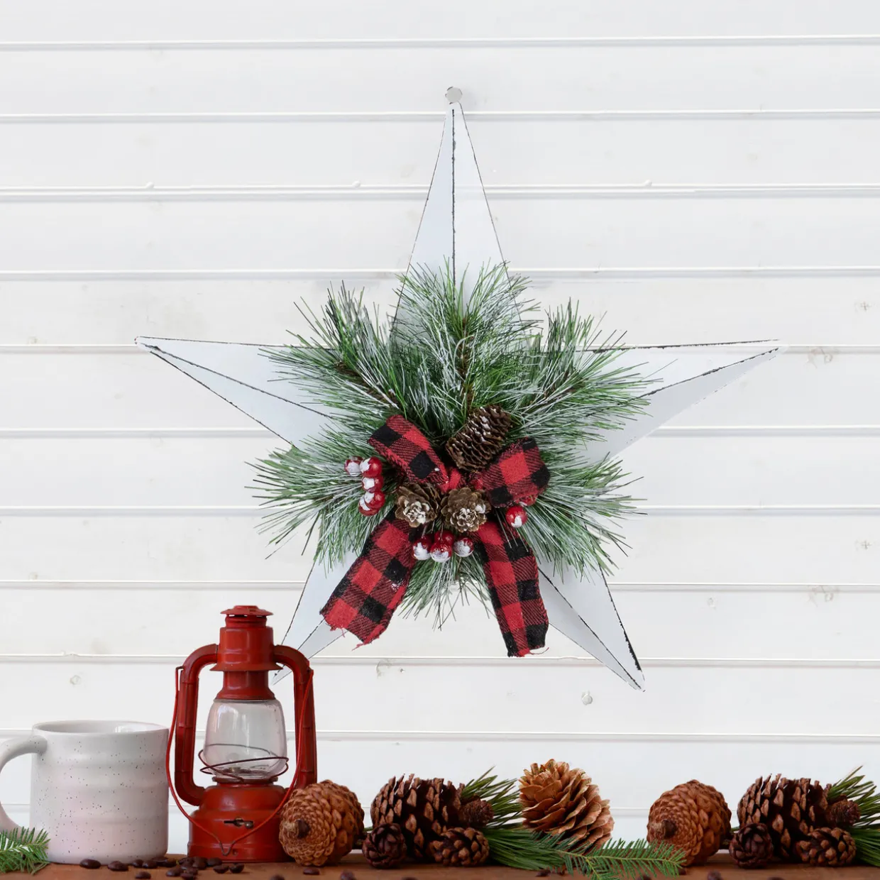 17" White 5 point Christmas Star With Plaid Ribbon with Artificial Pine