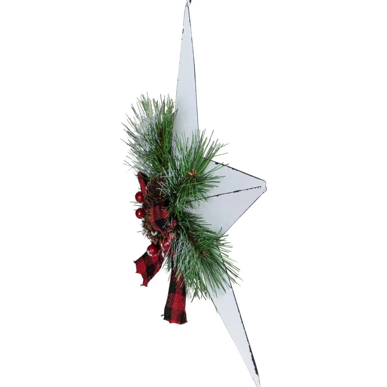 17" White 5 point Christmas Star With Plaid Ribbon with Artificial Pine